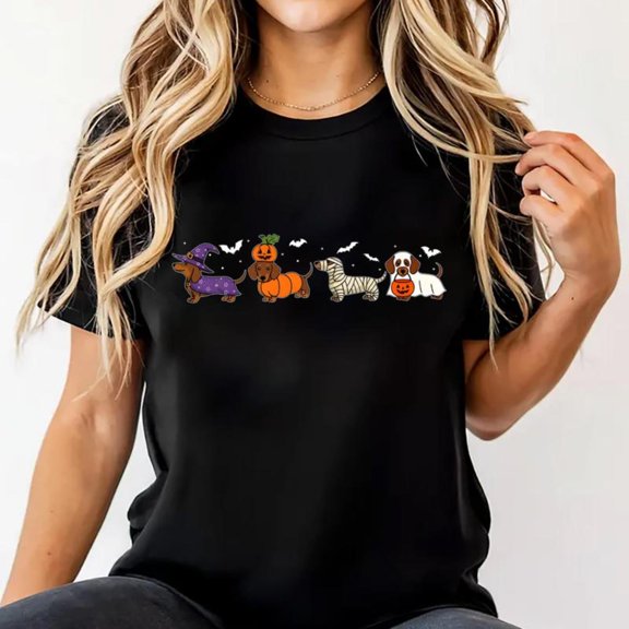 Halloween Dachshund Dog T-Shirt，Spooky Ghost Graphic Tees，Cute Halloween Tops，Crew neck，Funny，cotton，black，S-5XL