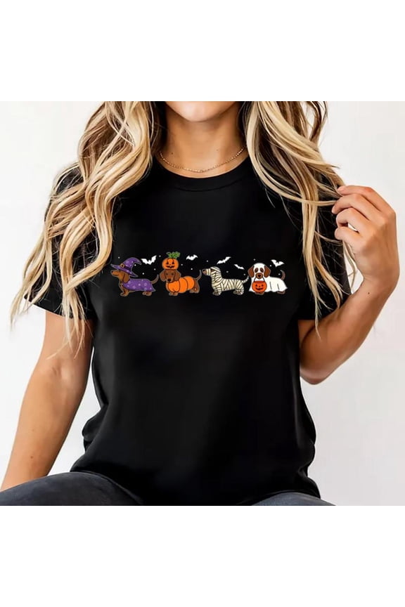 Halloween Dachshund Dog T-Shirt,Spooky Ghost Graphic Tees,Cute Halloween Tops,Crew neck,Funny,cotton,black,S-5XL
