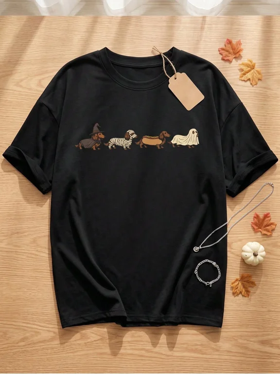 Halloween Dachshund Mummy Ghost T-Shirt 100% Cotton Loose Fit Unisex S-5XL Fast 24H Shipping Comfy Casual Tops For Dog Moms & Dads