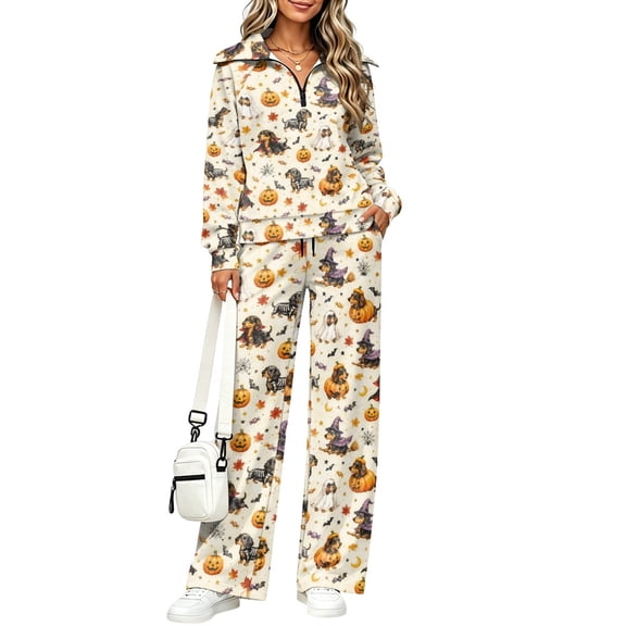 Halloween Dachshund Print 2 Piece Outfits for Women Half Zip Fleece Sweat Suit Coordinated Loungewear Wide Leg Pants with Pockets Fall Casual Travel Holiday Matching Set, 4XL