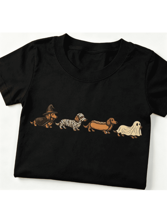 Halloween Dachshund Wiener Dog Graphic T‑Shirt, Retro Fall Funny Dog Costume‑Style Print, Crew Neck Short Sleeve Cute Dog Lover Casual Halloween Tee