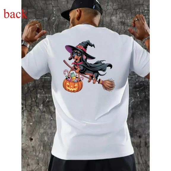Halloween Dachshund Witch T Shirt Funny Broomstick Pumpkin Graphic Tee For Party Short Sleeve Round Neck White S-5XL