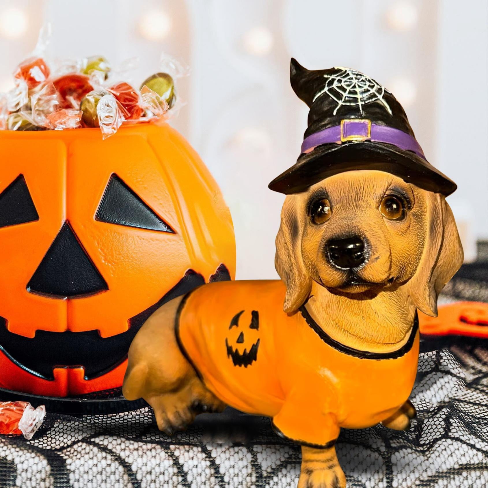Halloween Dachshundasg Decor Statue with Witch Hat & Pumpkin Sweater Design, Dachshundasg Garden Statues, Yard & Indoor Party, Cute Sitting Dog Sculpture, Halloween Ornaments Decorations(Orange)