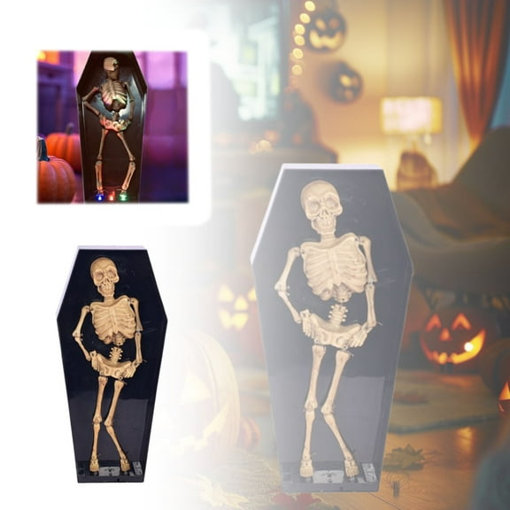 Halloween Dancing Coffin Skeleton with LED Lights Animated Prop Voice Activated Decorations with Spooky Music and Glowing Effects Scary Jumping Skeleton for Haunted House Yard Cemetery Party Decor