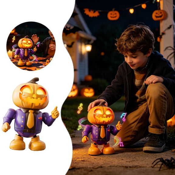 Halloween Dancing Pumpkin Robot Toy Animated Figure With Music Led Light Novelty Tabletop Decor For Halloween Party Desktop Display(Orange-9.06")