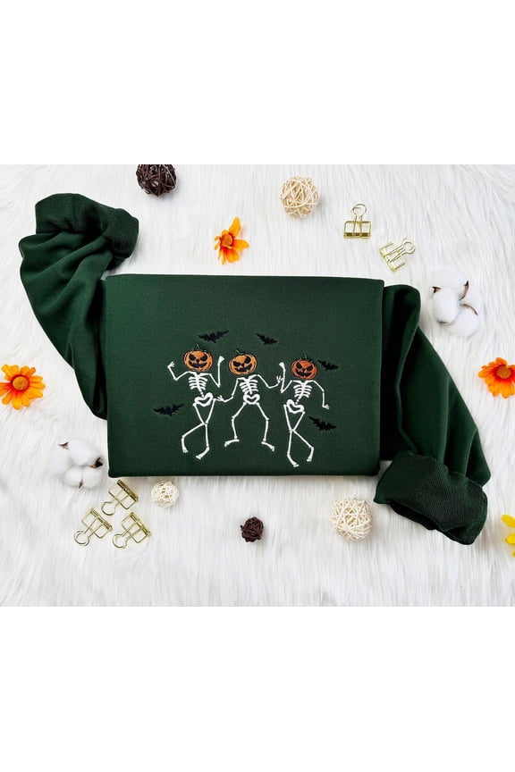 Halloween Dancing Pumpkin Skeleton Embroidered Sweatshirt