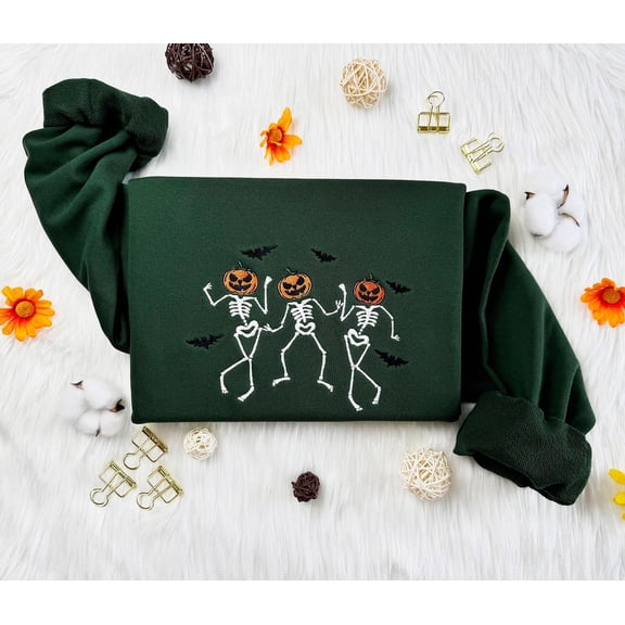 Halloween Dancing Pumpkin Skeleton Embroidered Sweatshirt