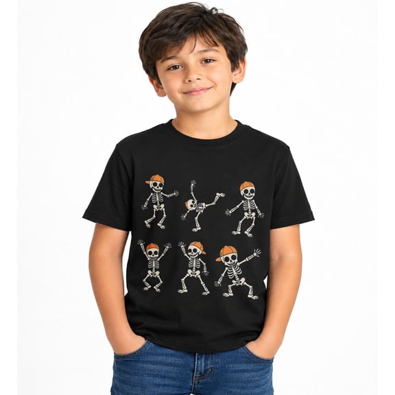 Halloween Dancing Skeleton Group Graphic T-Shirt for Boys, Fun Spooky Short Sleeve Shirt for Fall