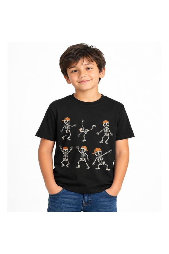 Halloween Dancing Skeleton Group Graphic T-Shirt for Boys, Fun Spooky Short Sleeve Shirt for Fall