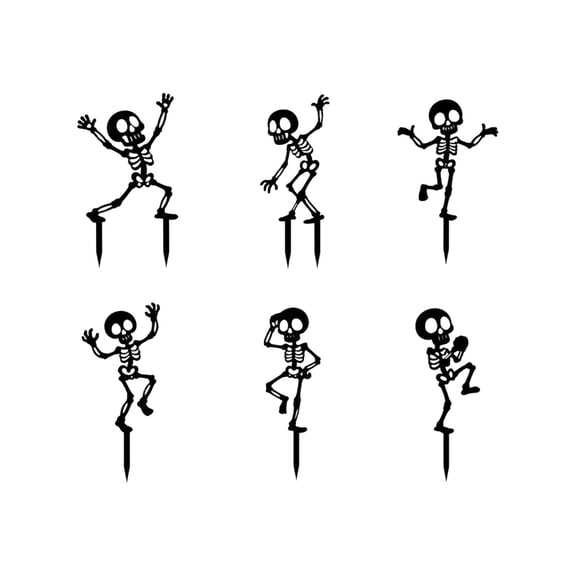 Halloween Dancing Skeleton Yard Stakes 6-Pack, Black Metal Skeleton Decorations for Outdoor Garden Lawn Patio Decor