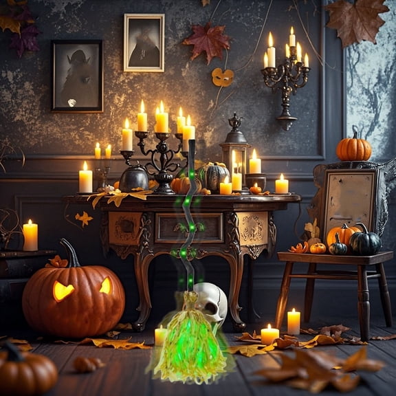 Halloween Dancing Witch Prop Animated Broomstick with Motion Sensor & Moving LED Lights Witch Broom for Porch Yard Entryway Hallway Party