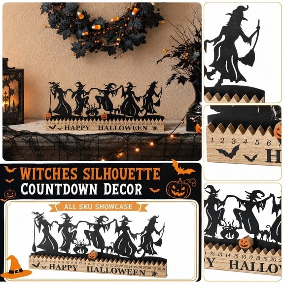 Halloween Dancing Witch Wooden Countdown Calendar, Movable Mini Pumpkin Slider Rustic Tabletop Sign, Fireplace Mantel Shelf Indoor Spooky Season Decor