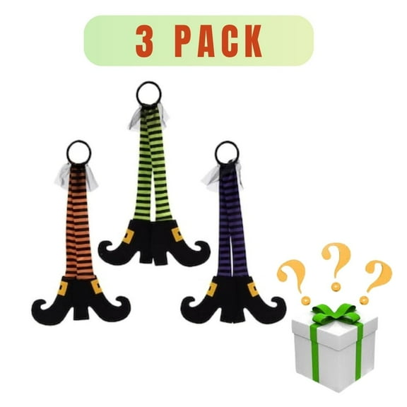 Halloween Dangling Witch Leg Decorations 3-Pack, 22 x 15 Hanging Striped Stockings in Green, Orange & Purple for Indoor/Outdoor Dcor  Includes Bonus Mystery Gift