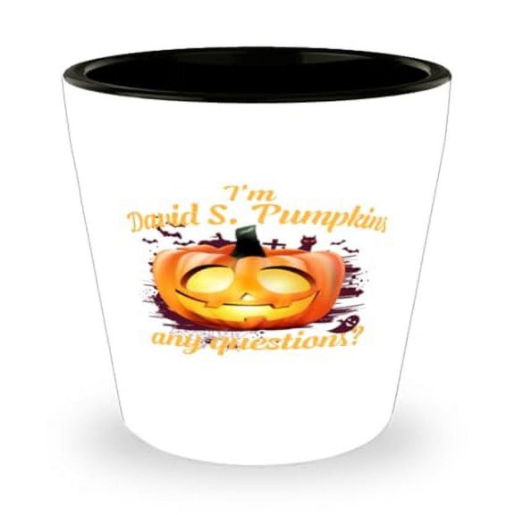 Halloween David S. Pumpkins Shot Glass, Any Questions Quote, Unique Character Gift, Durable Mini Glassware, Perfect 1.5oz Party Cup