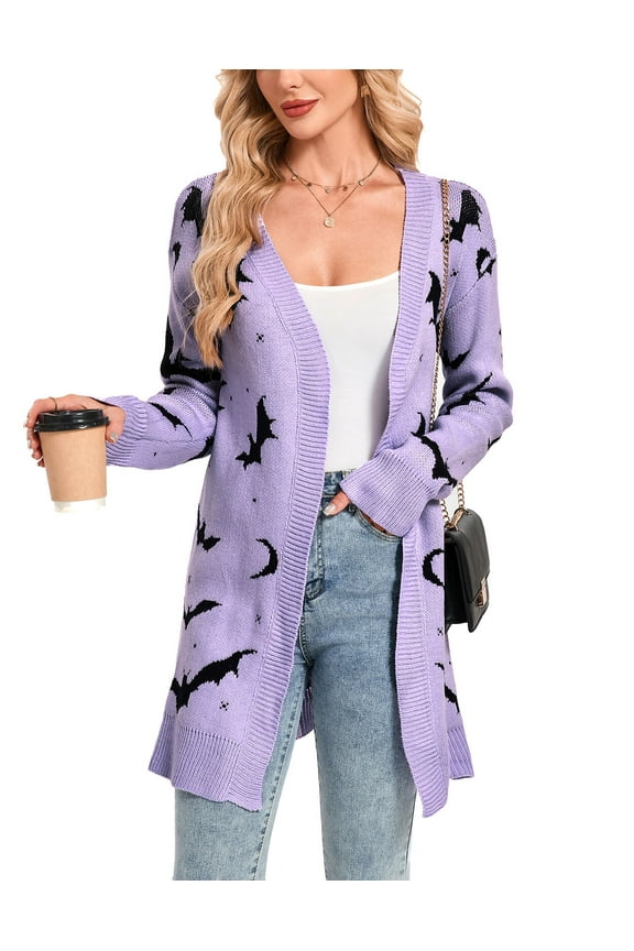 Halloween Day Cardigan Sweaters for Women V Neck Cardigan Sweater Lightweight Bat Printed Knit Kimono Cardigan Outerwear Alsol Lamesa