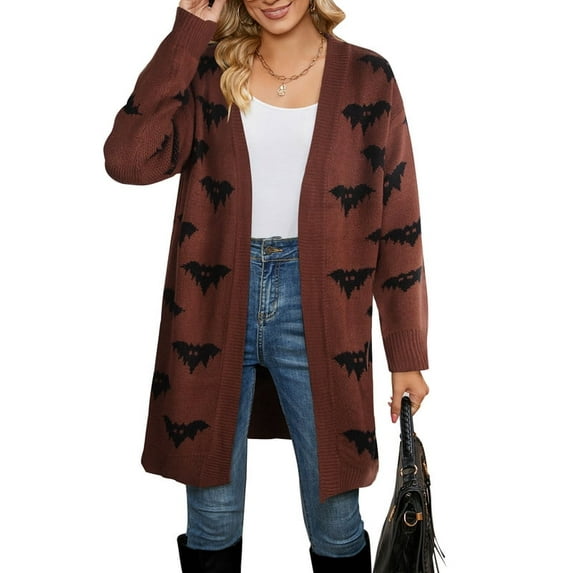 Halloween Day Cardigan Sweaters for Women V-Neck Open Front Cardigan Bat Printed Mid-Length Cardigans