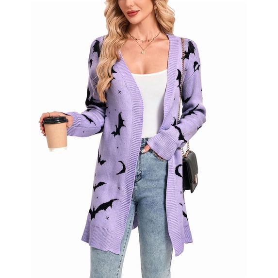 Halloween Day Cardigan Sweaters for Women V-Neck Open Front Cardigan Bats Printed Mid-Length Cardigans Shermie