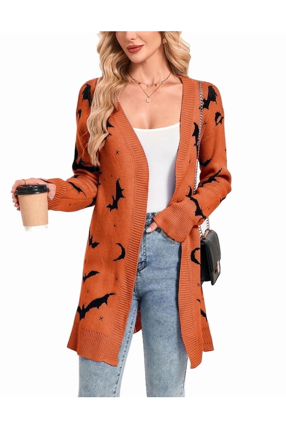 Halloween Day Cardigan Sweaters for Women V-Neck Open Front Cardigan Bats Printed Mid-Length Orange Cardigans Shermie