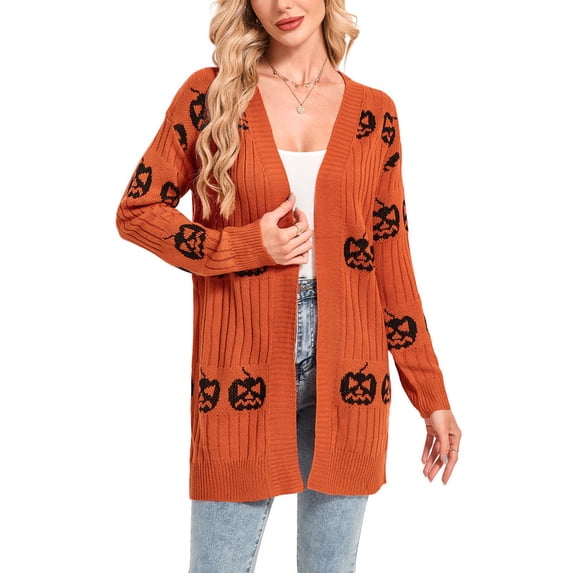 Halloween Day Cardigan Sweaters for Women V-Neck Open Front Cardigan Pumpkin Ghost Printed Mid-Length Cardigans Shermie