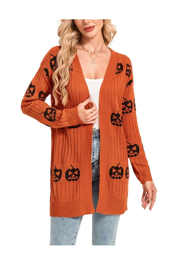 Halloween Day Cardigan Sweaters for Women V-Neck Open Front Cardigan Pumpkin Ghost Printed Mid-Length Cardigans Shermie