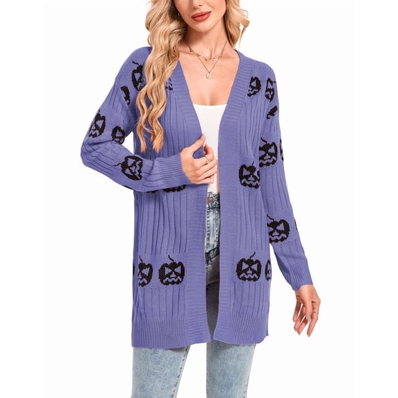 Halloween Day Cardigan Sweaters for Women V-Neck Open Front Cardigan Pumpkin Ghost Printed Mid-Length Cardigans Shermie