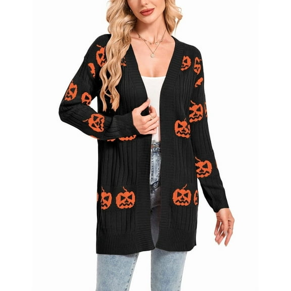 Halloween Day Cardigan Sweaters for Women V-Neck Open Front Cardigan Pumpkin Ghost Printed Mid-Length Cardigans Shermie