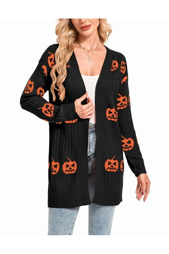 Halloween Day Cardigan Sweaters for Women V-Neck Open Front Cardigan Pumpkin Ghost Printed Mid-Length Cardigans Shermie