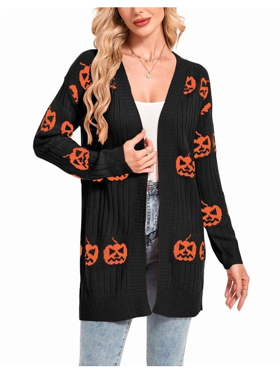 Halloween Day Cardigan Sweaters for Women V-Neck Open Front Cardigan Pumpkin Ghost Printed Mid-Length Cardigans Shermie