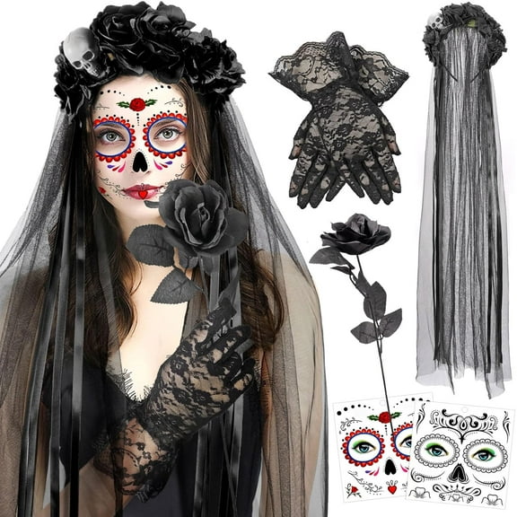 Halloween Day of the Dead Costume for Women, Rose Skull Crown Headband, Sugar Skull Face Tattoos, Lace Gloves and Black Roses for Halloween Day of The Dead Party