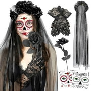 Halloween Day of the Dead Costume for Women, Rose Skull Crown Headband, Sugar Skull Face Tattoos, Lace Gloves and Black Roses for Halloween Day of The Dead Party