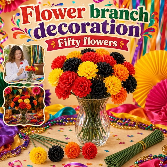 Halloween Day of The Dead Decorations, Red Artificial Flowers, Artificial Flower Stems, Small Fake Flowers, 50-Piece Red Mexican Marigold Set for Diy Halloween Wreath Accessories,