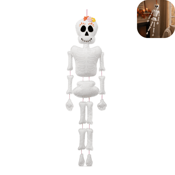Halloween Day of the Dead skeleton Decorations, Kid Friendly Soft Cloth Sugar Skull Hanging Skeleton, Lightweight Wall Art for Entryway Autumn Holiday Display