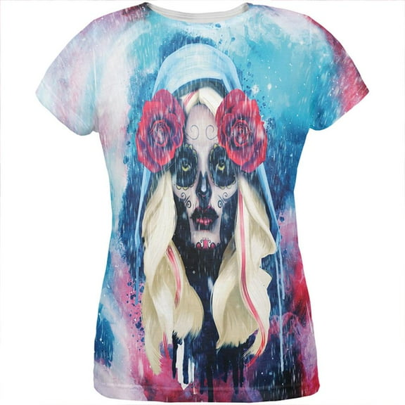 Halloween Day of the Dead Sugar Skull Girl Rain All Over Womens T Shirt Multi MD