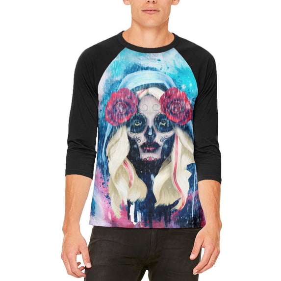 Halloween Day of the Dead Sugar Skull Girl Rain Mens Raglan T Shirt
