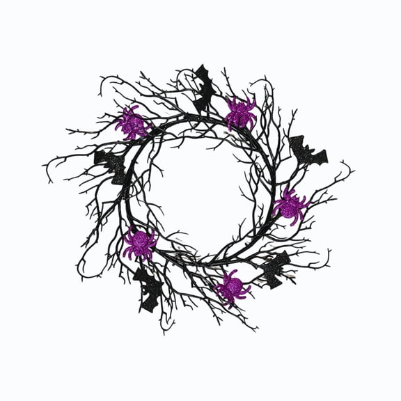 Halloween Dead Branch Wreath, Artificial Vine Ring Black Bat Purple Spider Decoration Door Hanging Party Ornament