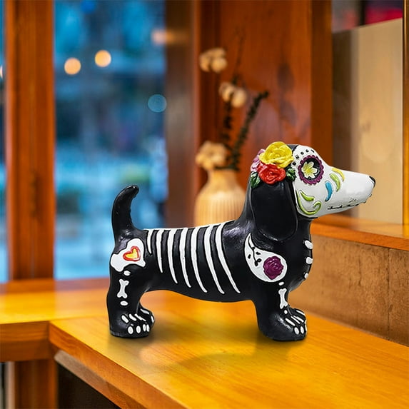 Halloween Dead Dog Statue White Bones On Black Detailed Gothic Decor Style A-2