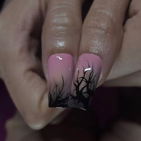 Halloween Dead Tree Branch Press On Nails Long Coffin 24Pcs, Gradient Purple Fake Nails with Gothic Bare Tree Design, Glossy Reusable False Nail Tips for Women, Dark Style Party Manicure Set