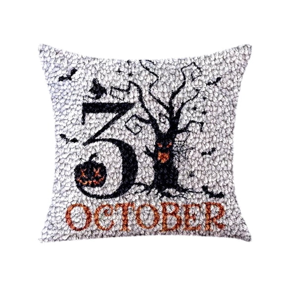 Halloween Dead Tree Latch Hook Kits Pillow DIY Rug Crochet Hook Cushion Making Kits with Preprinted Pattern Canvas Instruction Yarns Pillow Cover Easy Starter DIY Crochet Kits 43x43cm