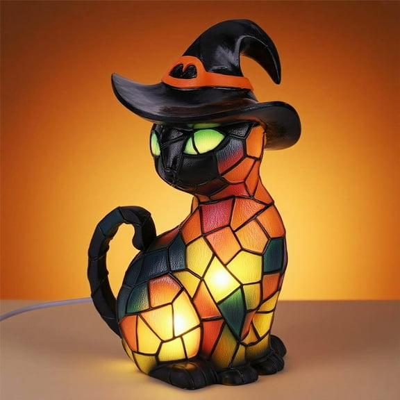 Cat Desk Lamp for Halloween Decoration, Pumpkin Hat Stained Cat Desk Lamp, Warmlight Resin Night Light for Happy Halloween (1pc)