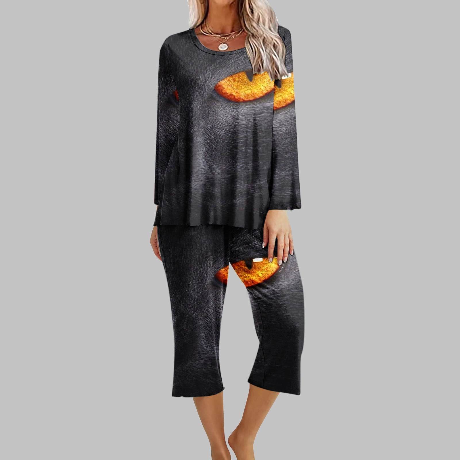 Halloween Deals Halloween Pajamas for Women Cat Eyes Print Long Sleeve