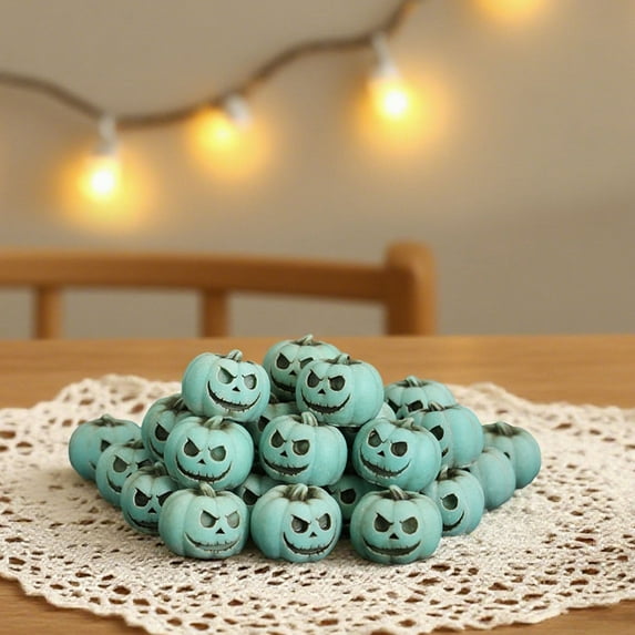 Halloween Decor - 20 Pcs Halloween_Sm-Iling Face Pumpkin Figurines Resin Realistic Statue for Halloween Decorations Outdoor Indoor Bonsai Decorations (Green)