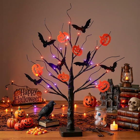 Halloween Decor 22 Inch Black Halloween Tree with 24 LED Pumpkin Bat Spider Light, USB/Battery Operated Lighted Birch Tree Spooky Halloween Table Decorations Indoor Outdoor for Home Room Party