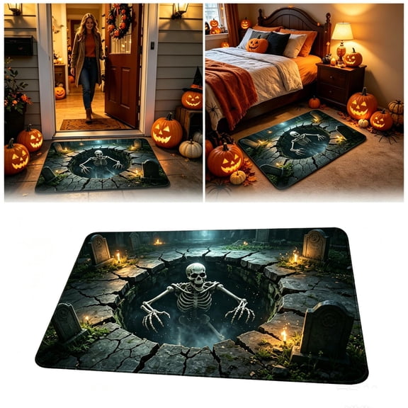 Halloween Decor, 3D Skeleton Graveyard Non-Slip Floor Mat, Spooky Halloween Decorations for Entryway Patio Porch, Ideal Haunted House Decor for Party Host, Printed Decorative
