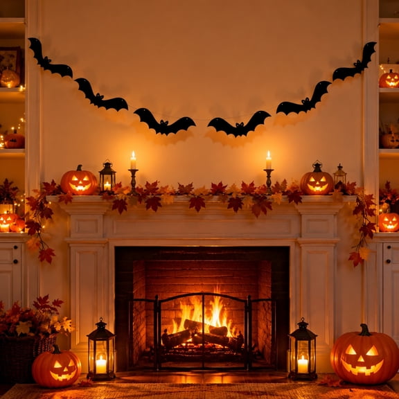 Halloween Decor 5.9ft Black Glittery Bat Garland for Halloween Home Decor