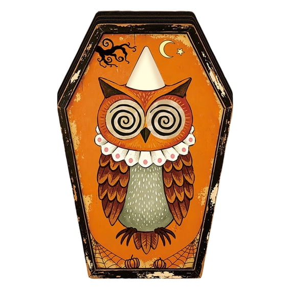 Halloween Decor 6 X 4.5 X 1 Inch Vintage Spooky Owl Coffin Sign Tabletop Decor for Home Party Desk 1 Pack