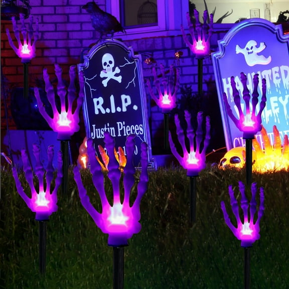 Halloween Decor 8 Pack Light Up Skeleton Arm with Purple LED Lights for Outdoor Yard Home Holiday Party Ground Stake