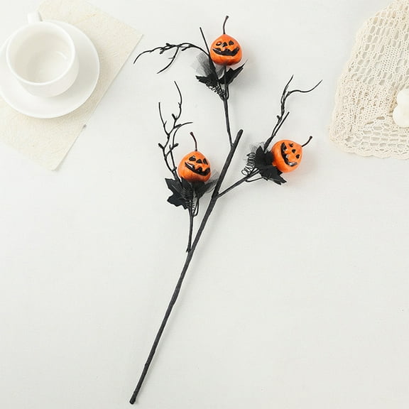 Halloween Decor Artificial Pumpkin Maple Leaf Floral Stems,21.6 Inch Artificial Black Flowers Picks,Black Stem with 3 Mini Carved Pumpkins for Home Indoor Party Vase Arrangement Decor