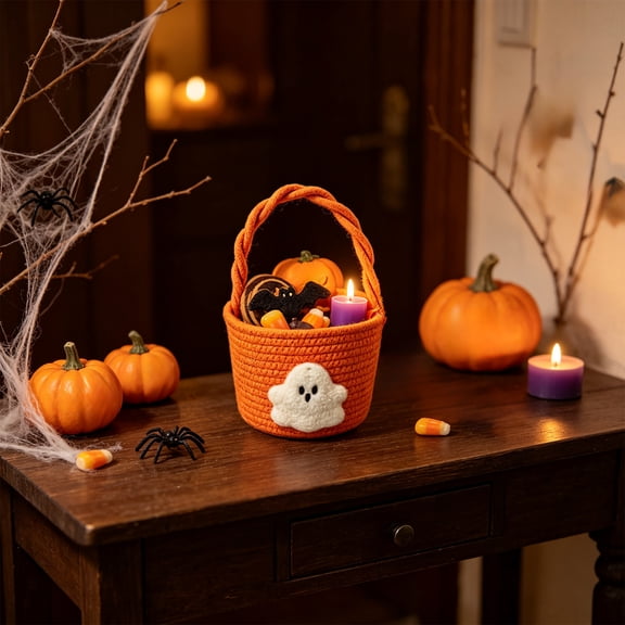 Halloween Decor Basket, Halloween Candy Storage Server Bucket, Trick or Treat Woven Pumpkin Candy Bucket, Boo Spooky Baskets, Jack O Lantern Baskets for Candies Storage Gift Baskets