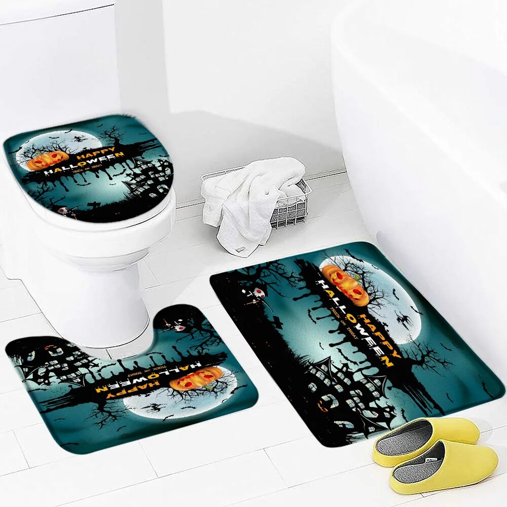 Halloween Decor Bath Mat Farmhouse Haystack Pumpkin Skull Horror Moon
