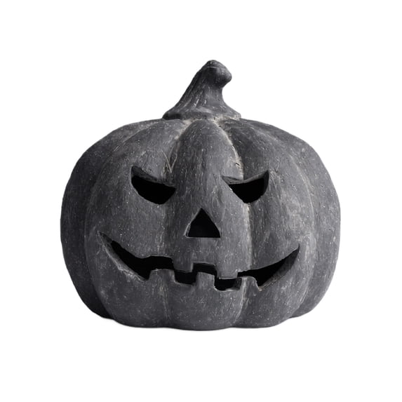 Halloween Decor - Black Pumpkin Ornament, Dark Resin Jack O Lantern Statue, Spooky Carved Pumpkin Decor for Porch Mantel Tabletop Home Party Decoration